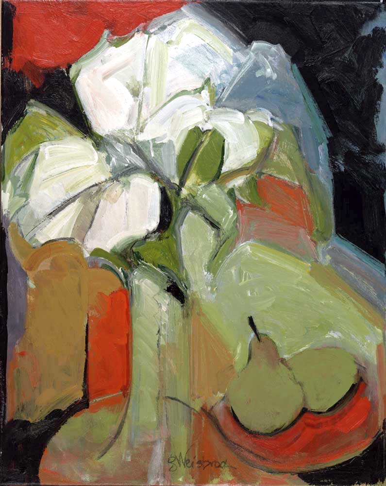 Pears and Lilies 24x30 acrylic on canvas