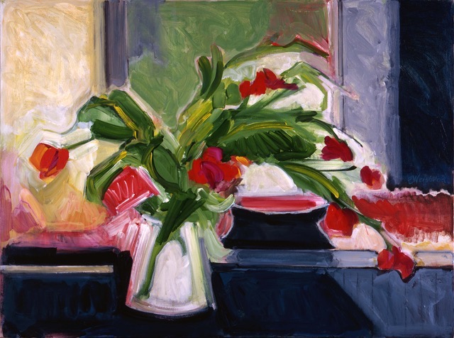 Red Flowers in White Vase 30 x 40 Acrylic on Canvas